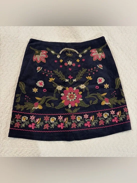 Navy Mini Skirt with Pink & Green Floral Embroidery - Picture 3 of 9